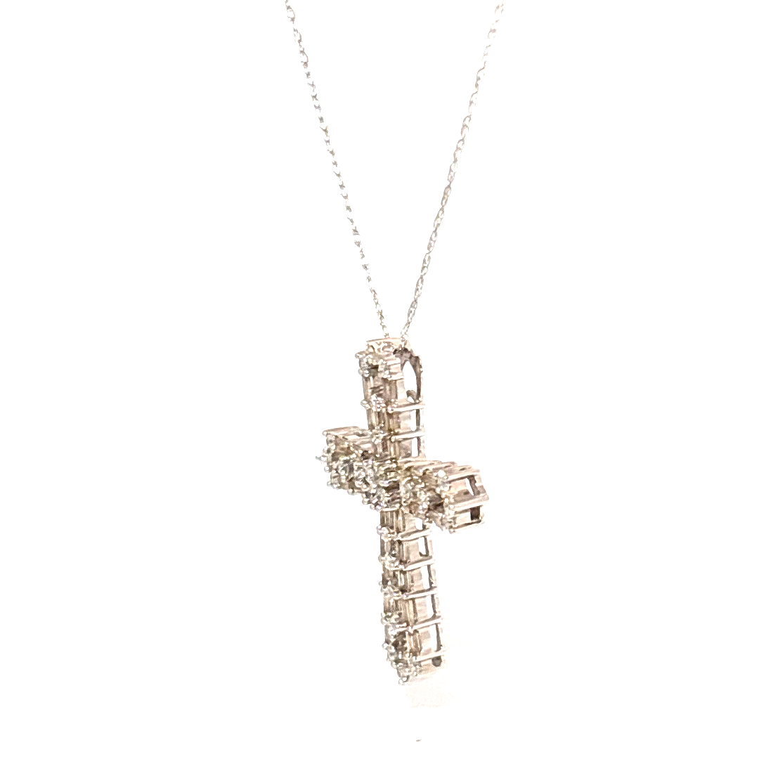 Baguette and round, 0.1CTW Natural Diamonds, Cross Pendant Chain, 18K White Gold