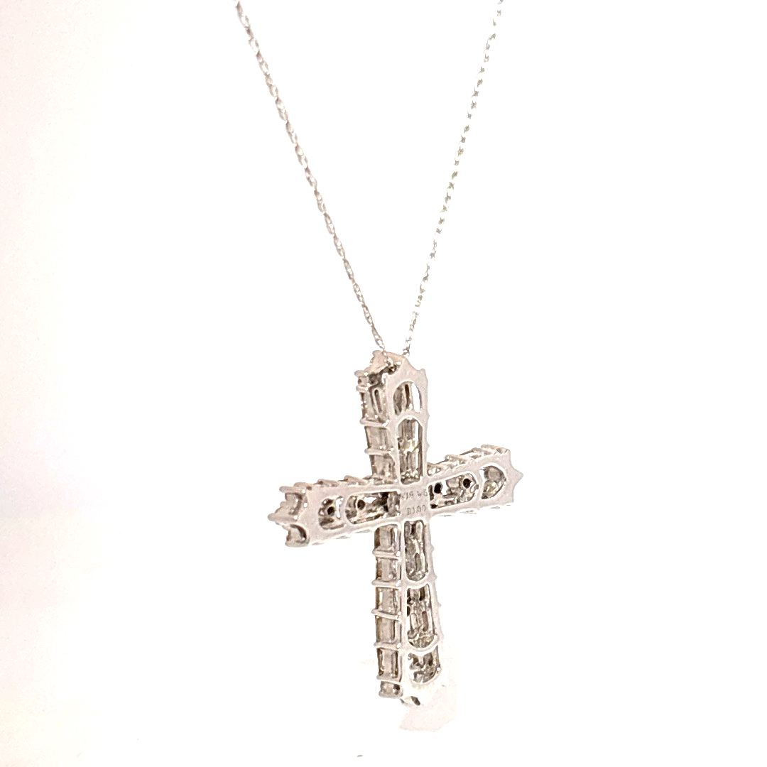 Baguette and round, 0.1CTW Natural Diamonds, Cross Pendant Chain, 18K White Gold