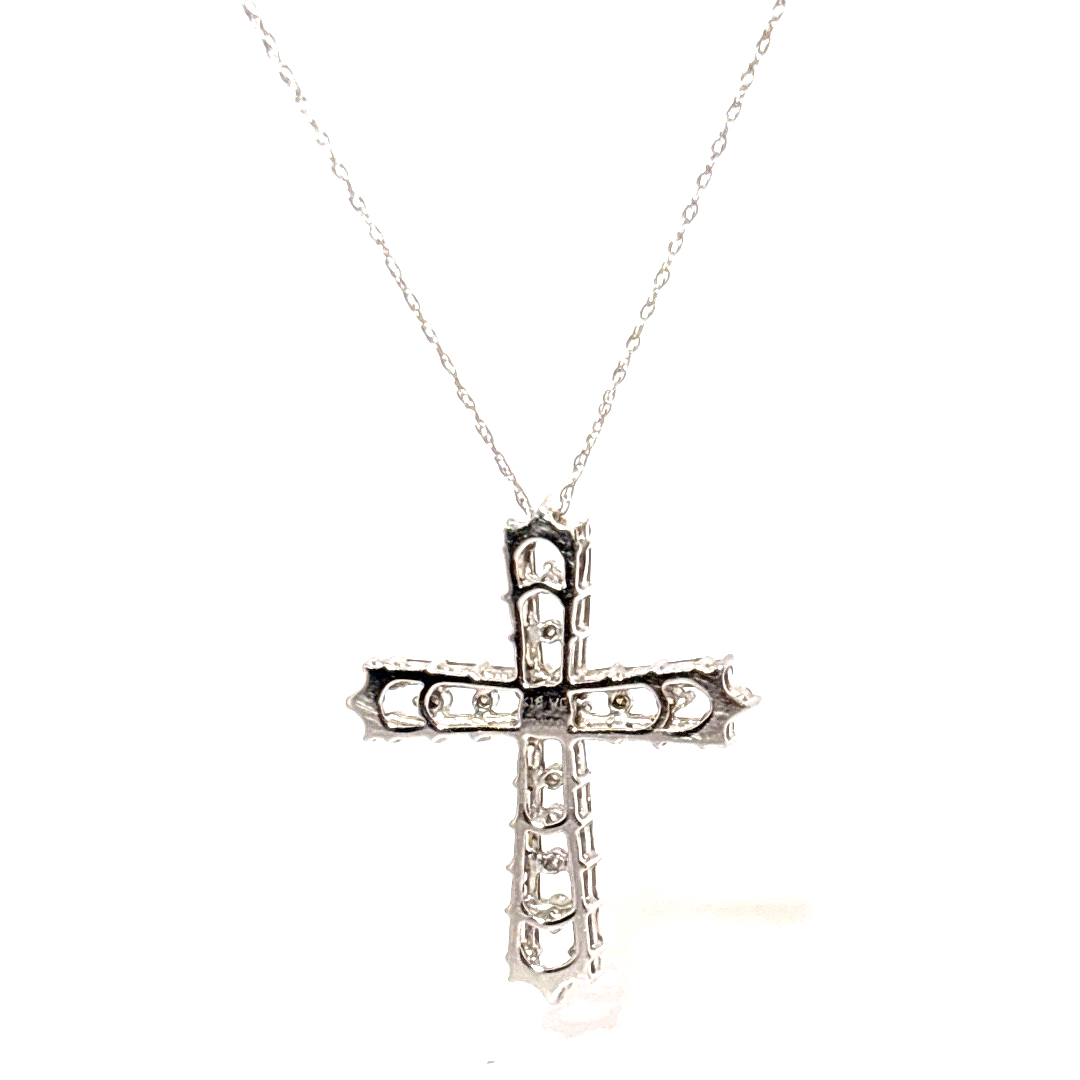 Baguette and round, 0.1CTW Natural Diamonds, Cross Pendant Chain, 18K White Gold