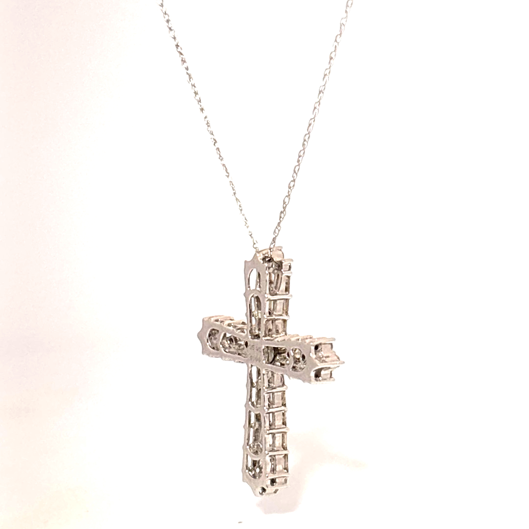 Baguette and round, 0.1CTW Natural Diamonds, Cross Pendant Chain, 18K White Gold