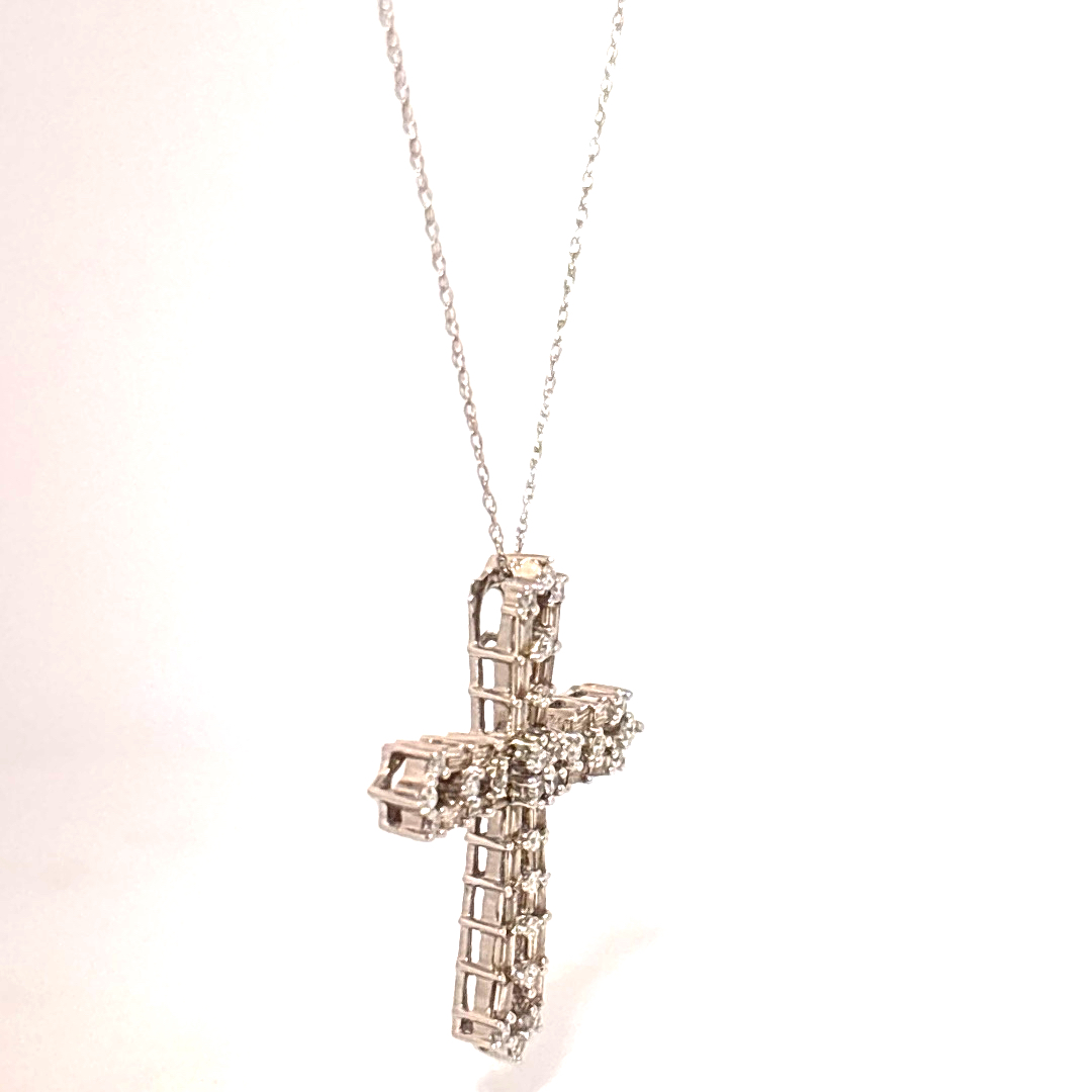 Baguette and round, 0.1CTW Natural Diamonds, Cross Pendant Chain, 18K White Gold