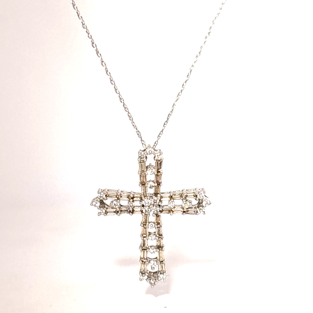 Baguette and round, 0.1CTW Natural Diamonds, Cross Pendant Chain, 18K White Gold