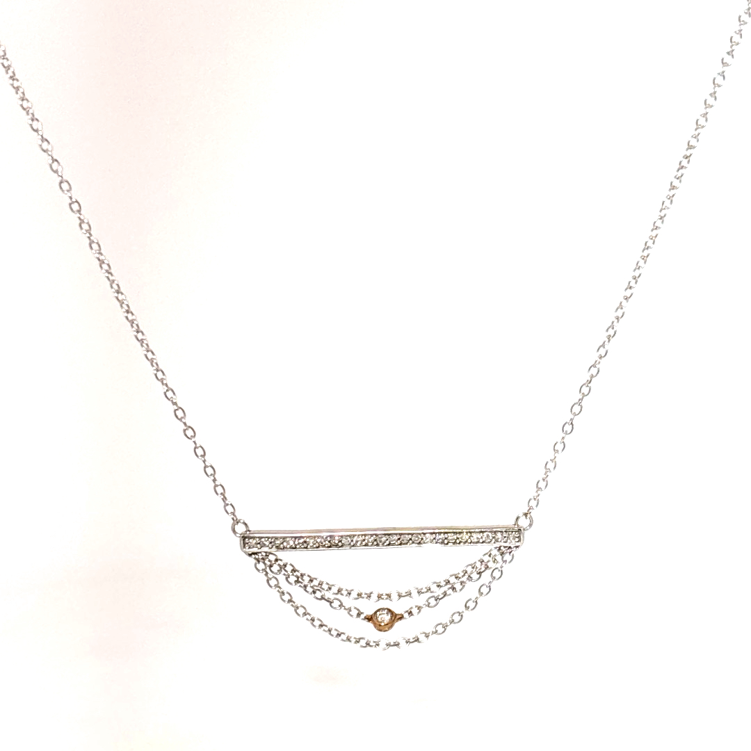 Natural Diamonds (1/7 CT), Bar Pendent Chain, 10K White/Yellow Gold