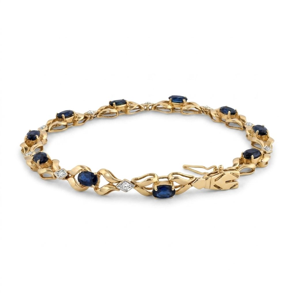 14K Yellow Gold Bracelet, set with 10 Oval Blue Sapphires and 9 Brilliant Cut Diamonds.