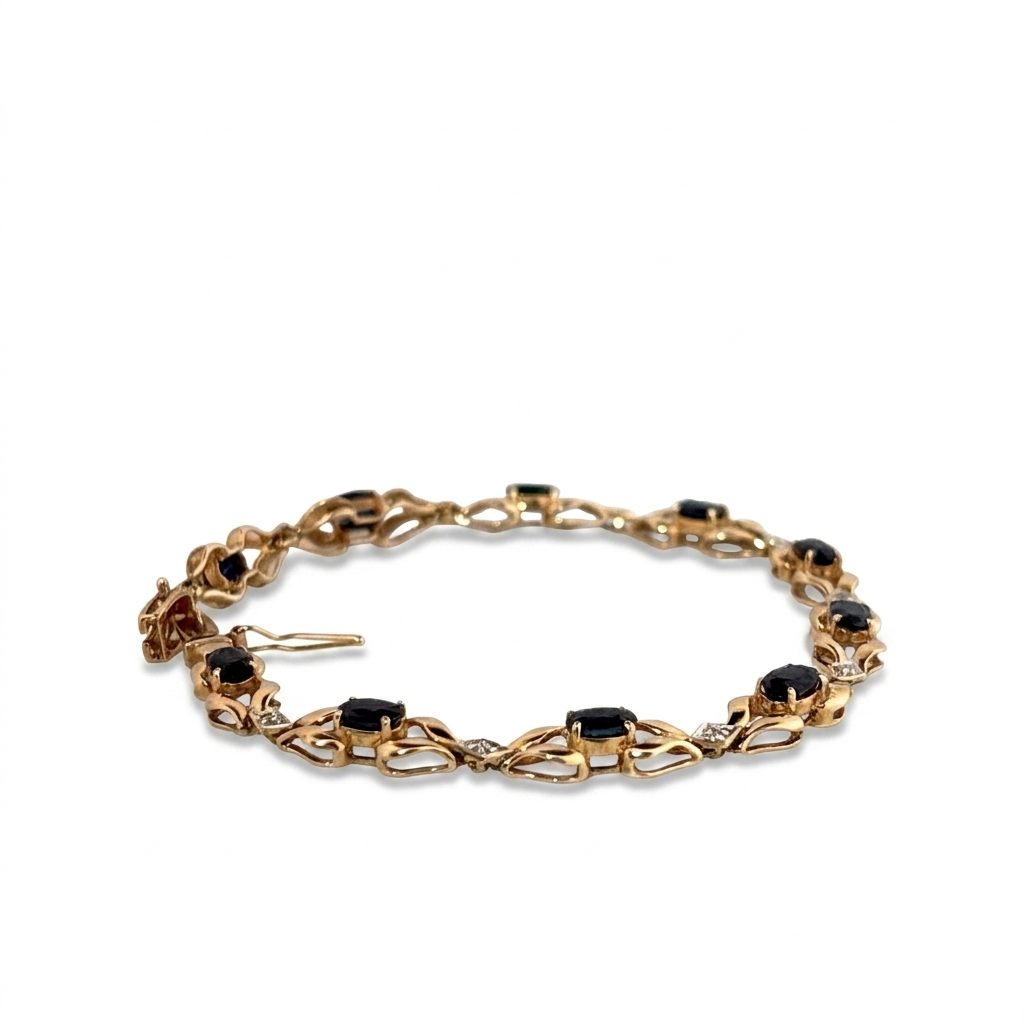 14K Yellow Gold Bracelet, set with 10 Oval Blue Sapphires and 9 Brilliant Cut Diamonds.