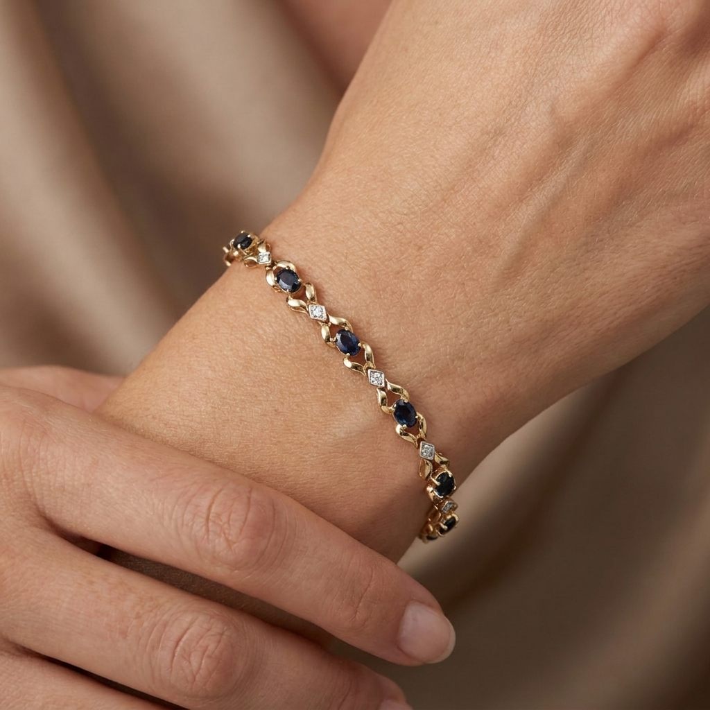 14K Yellow Gold Bracelet, set with 10 Oval Blue Sapphires and 9 Brilliant Cut Diamonds.
