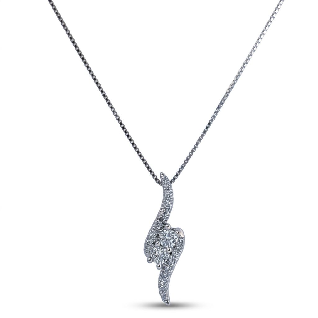 14K White Gold Necklace, set with 1 Brilliant Cut Diamond (0.40ct, G, SI1) and 20 Round Diamonds (0.01ct each, H, I1).