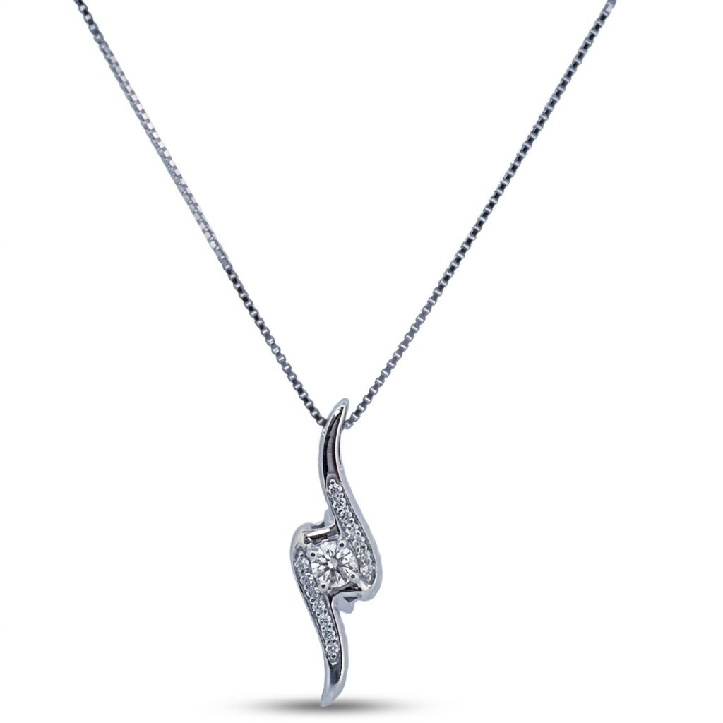 14K White Gold Necklace, set with 1 Brilliant Cut Diamond (0.40ct, G, SI1) and 20 Round Diamonds (0.01ct each, H, I1).