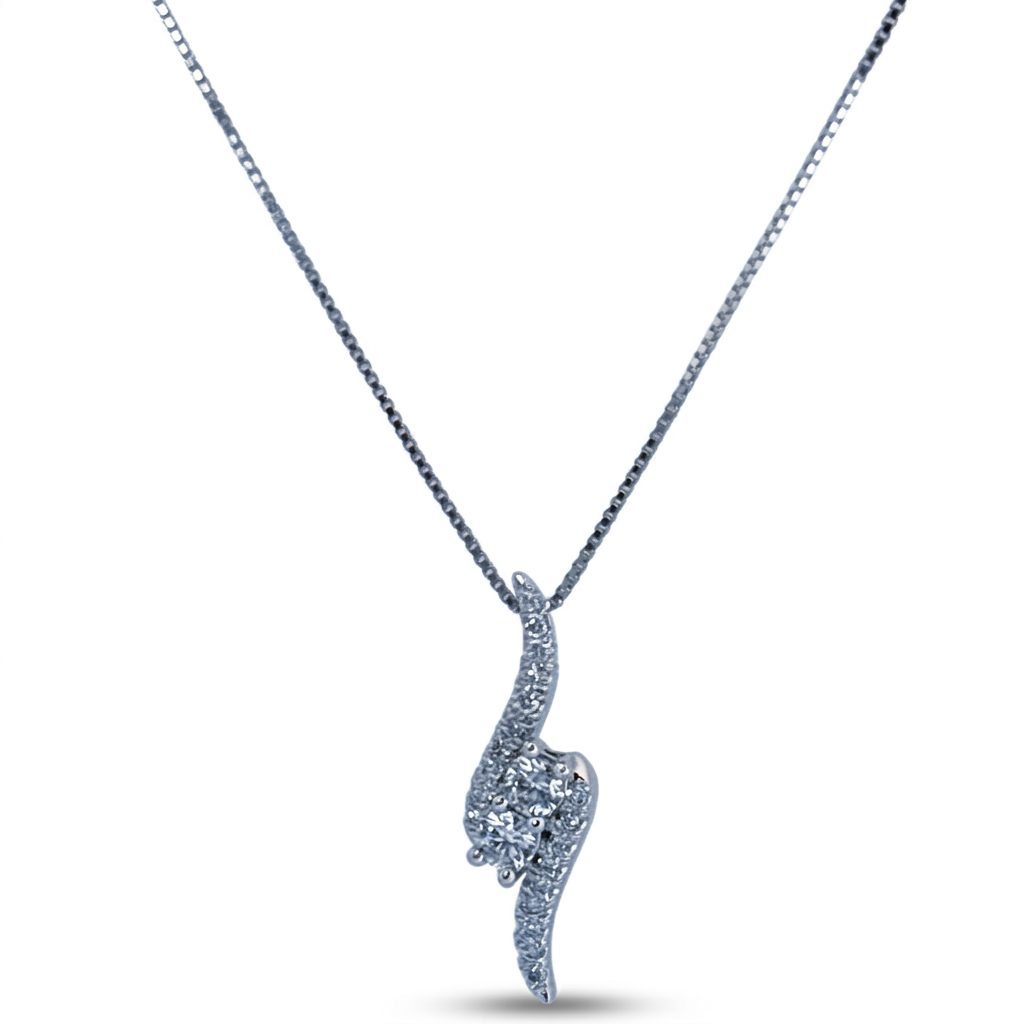 14K White Gold Necklace, set with 1 Brilliant Cut Diamond (0.40ct, G, SI1) and 20 Round Diamonds (0.01ct each, H, I1).