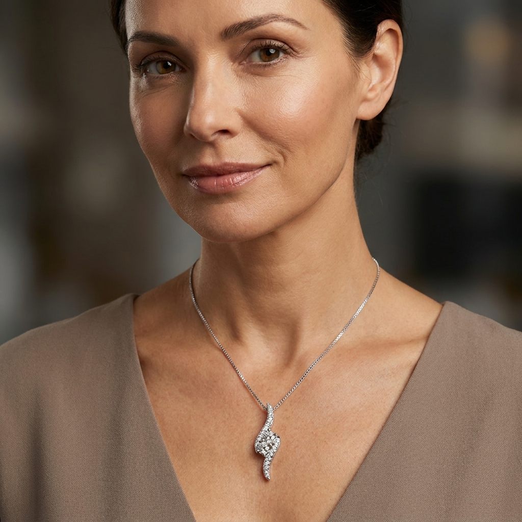 14K White Gold Necklace, set with 1 Brilliant Cut Diamond (0.40ct, G, SI1) and 20 Round Diamonds (0.01ct each, H, I1).