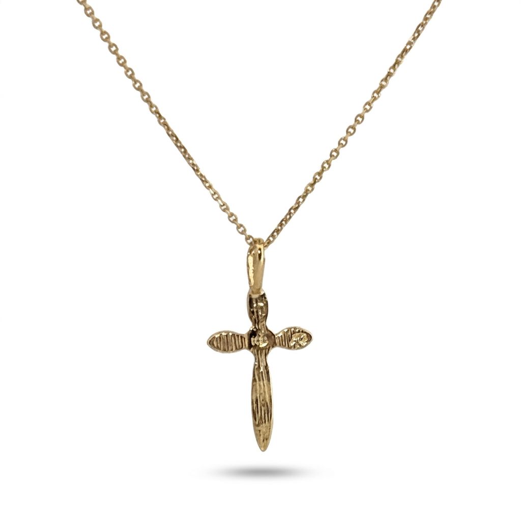 14K Yellow Gold Necklace, unisex, chain with a small cross pendant.
