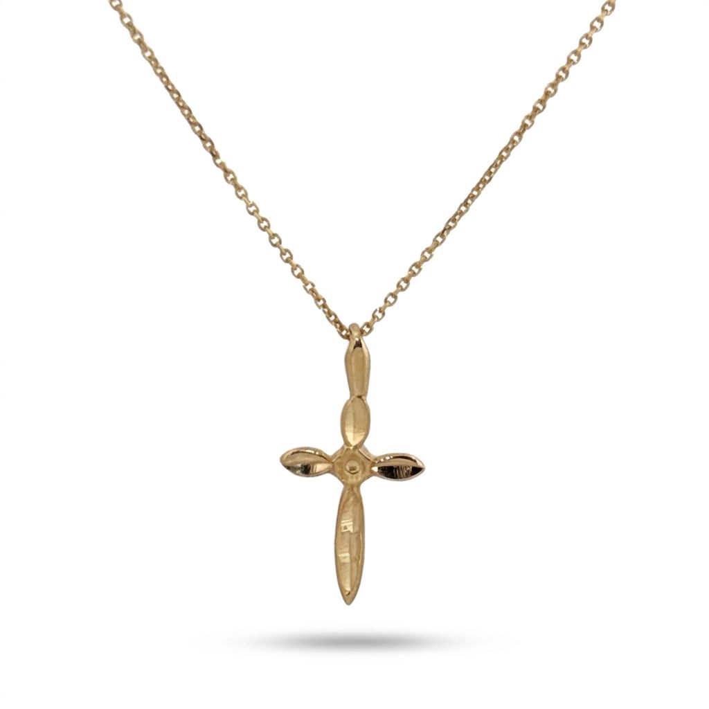 14K Yellow Gold Necklace, unisex, chain with a small cross pendant.