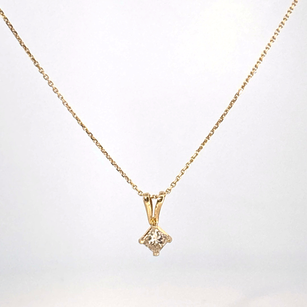 14K Yellow Gold Necklace with 1 Princess Cut Diamond (0.25ct, G, SI1) pendant.
