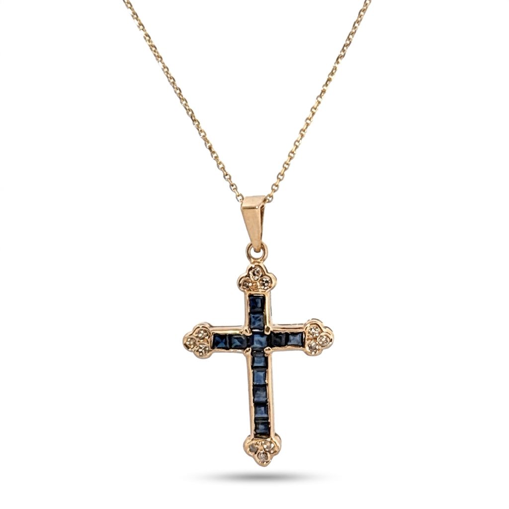 14K Yellow Gold Cross Necklace, set with 12 Blue Sapphire and 12 Diamond stones.