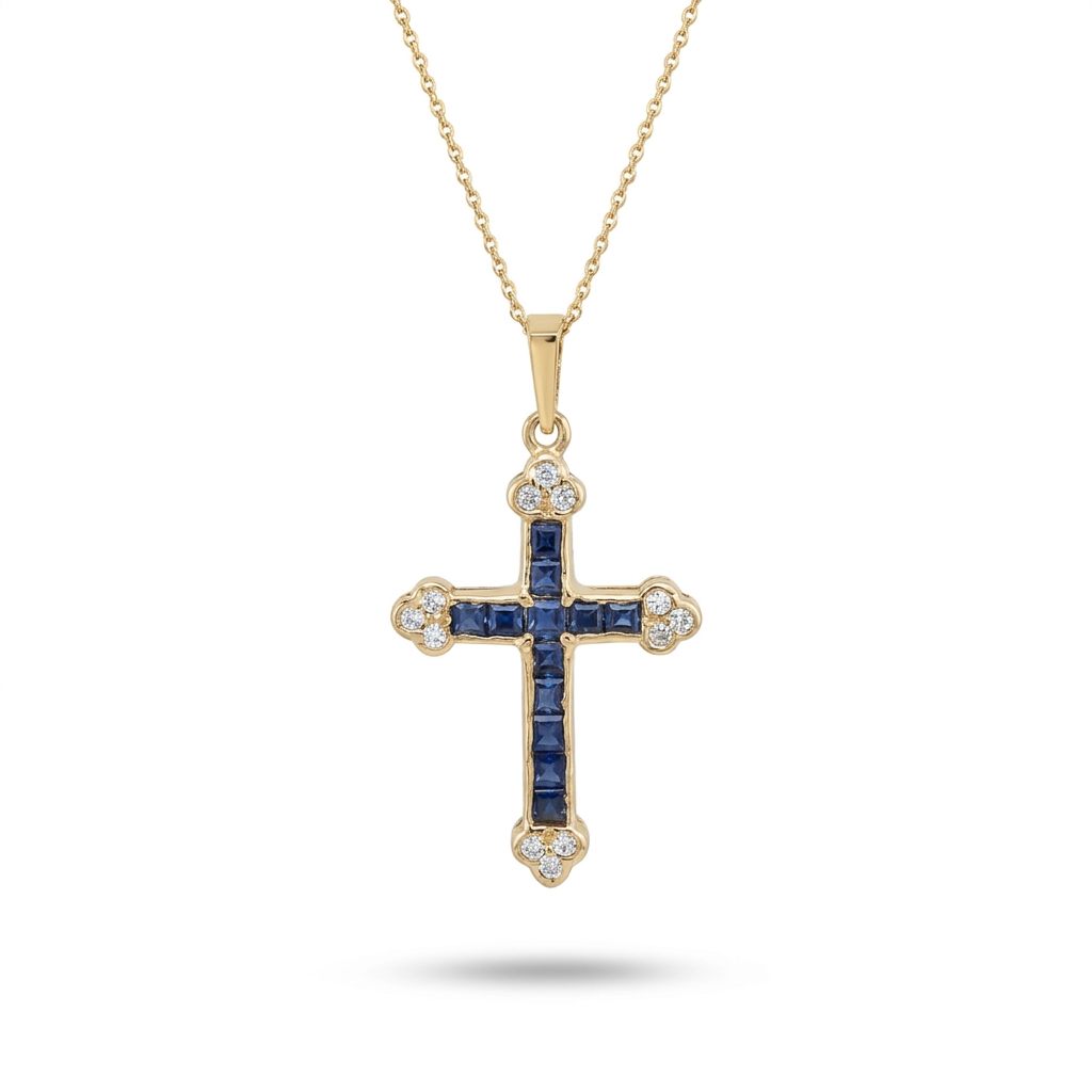 14K Yellow Gold Cross Necklace, set with 12 Blue Sapphire and 12 Diamond stones.