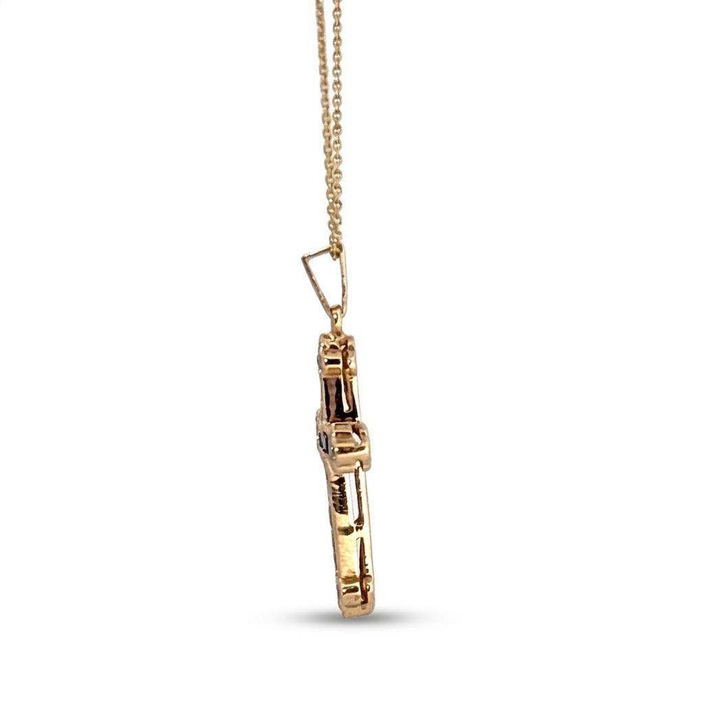14K Yellow Gold Cross Necklace, set with 12 Blue Sapphire and 12 Diamond stones.