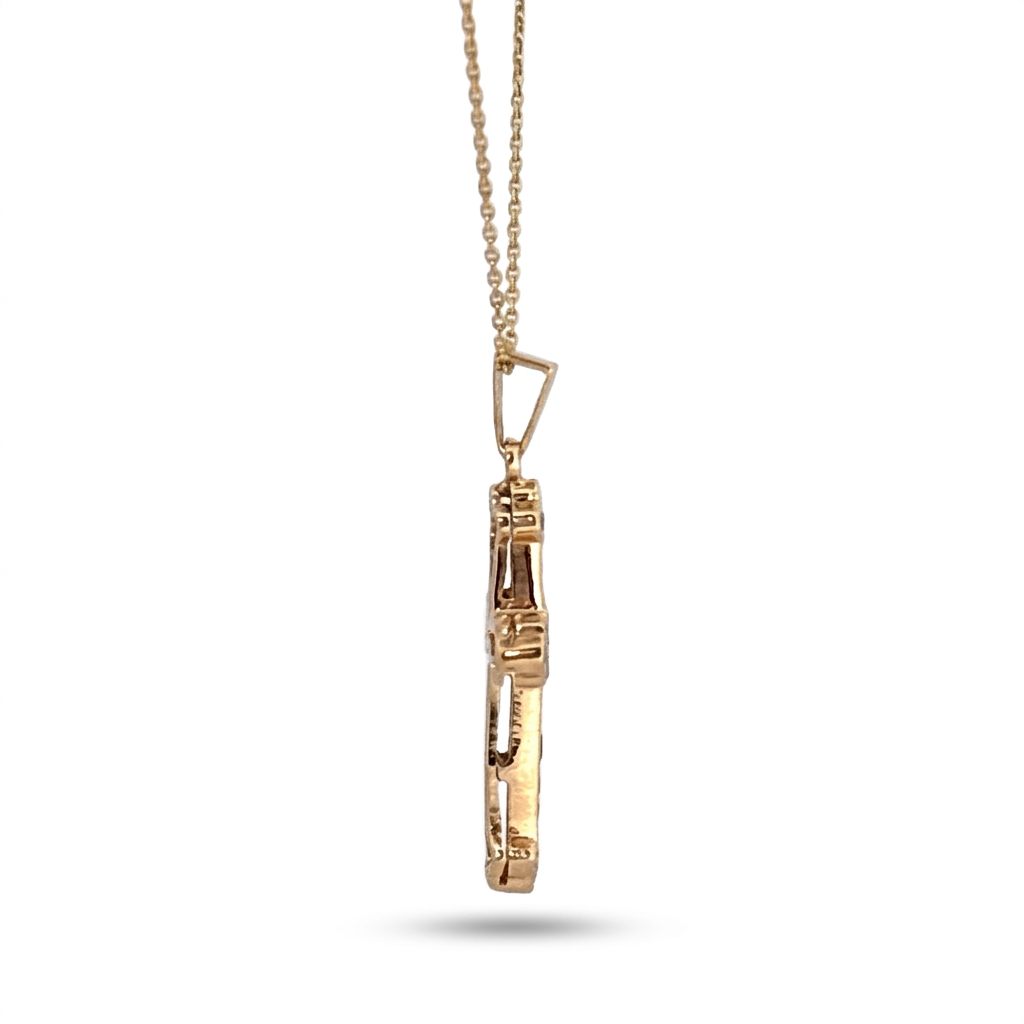14K Yellow Gold Cross Necklace, set with 12 Blue Sapphire and 12 Diamond stones.