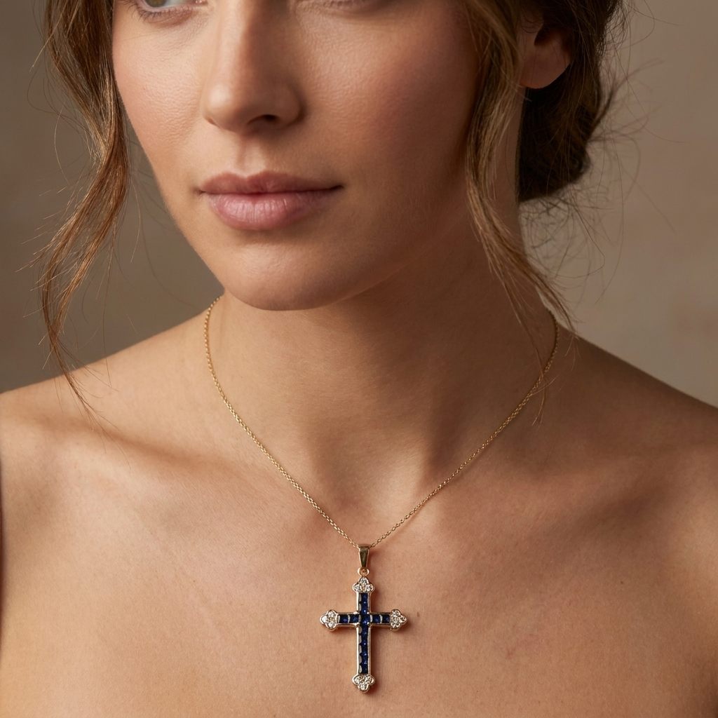 14K Yellow Gold Cross Necklace, set with 12 Blue Sapphire and 12 Diamond stones.