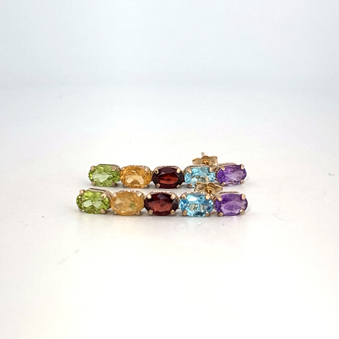 14K Yellow Gold Earrings, set with Oval Amethyst, Topaz, Garnet, Citrine, and Peridot gemstones.