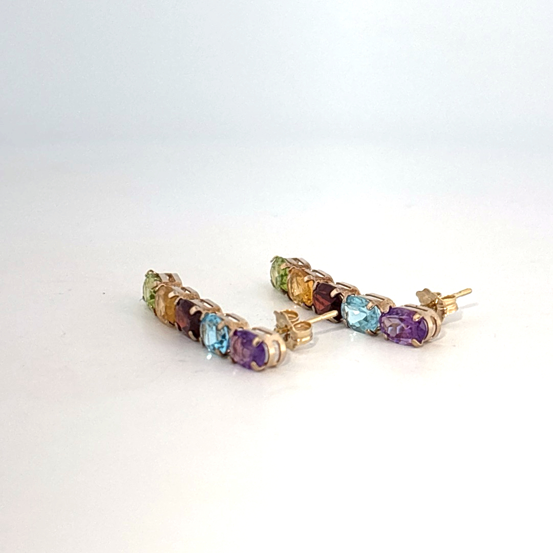 14K Yellow Gold Earrings, set with Oval Amethyst, Topaz, Garnet, Citrine, and Peridot gemstones.