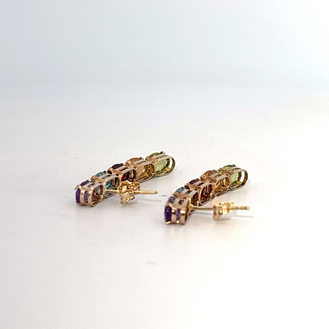14K Yellow Gold Earrings, set with Oval Amethyst, Topaz, Garnet, Citrine, and Peridot gemstones.