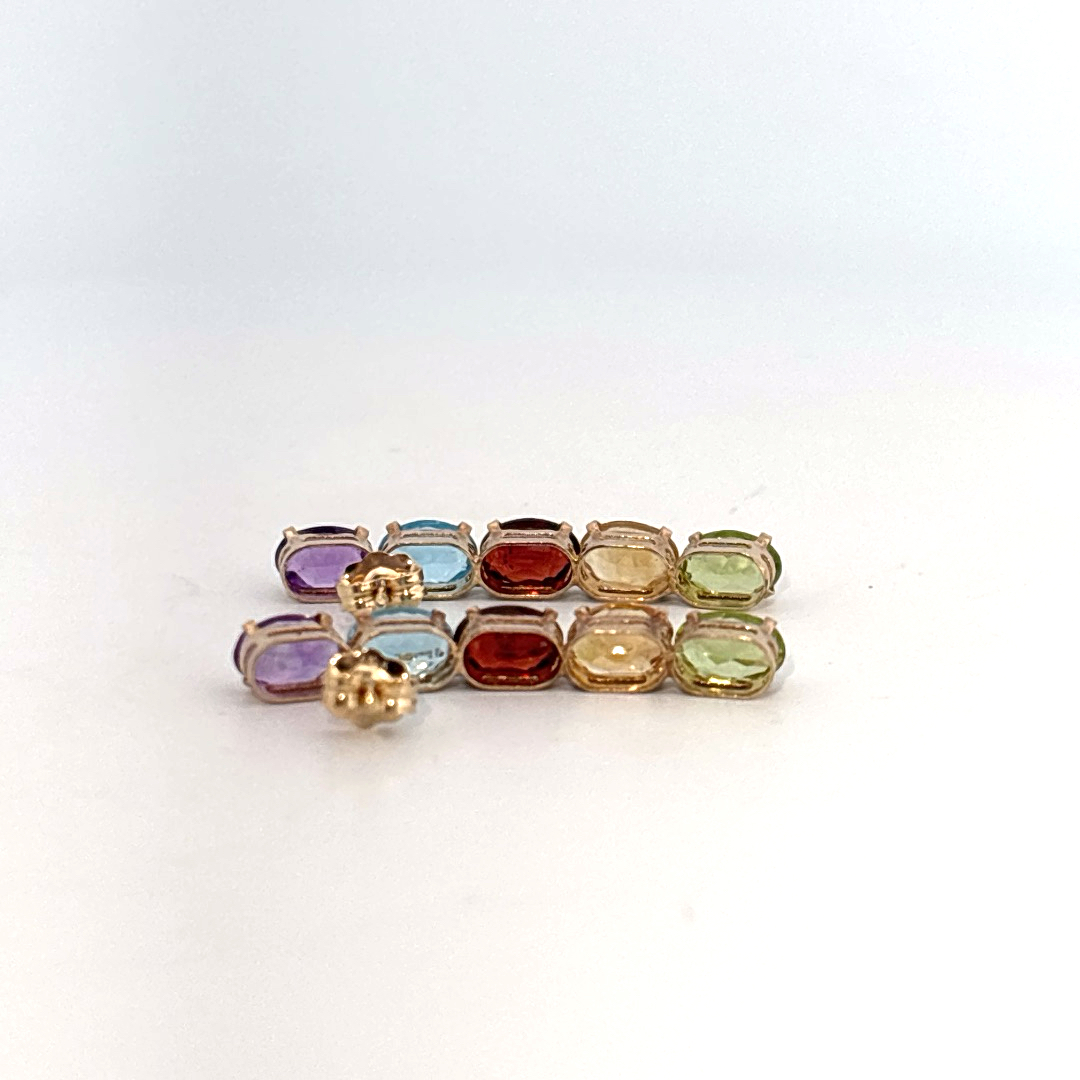 14K Yellow Gold Earrings, set with Oval Amethyst, Topaz, Garnet, Citrine, and Peridot gemstones.