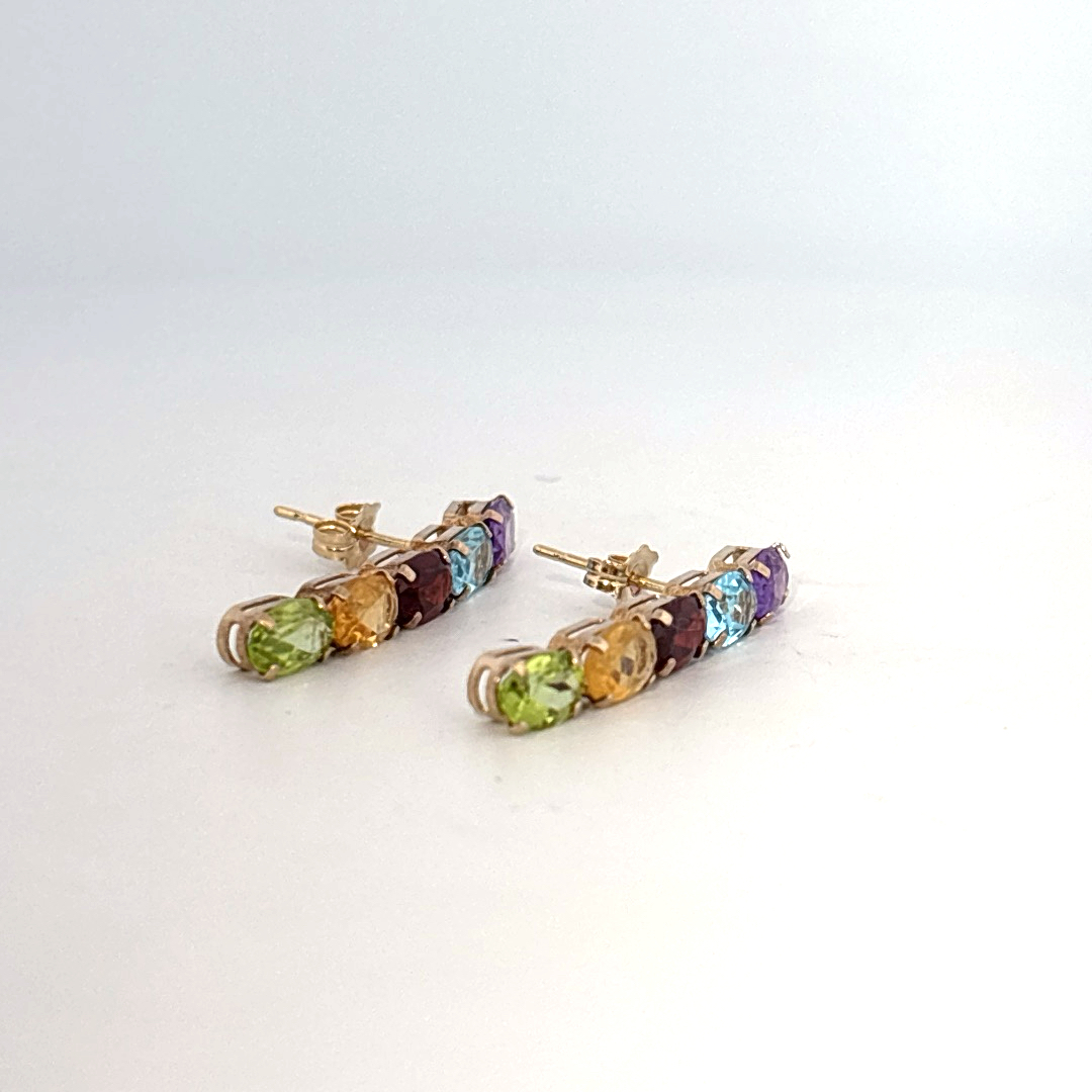 14K Yellow Gold Earrings, set with Oval Amethyst, Topaz, Garnet, Citrine, and Peridot gemstones.