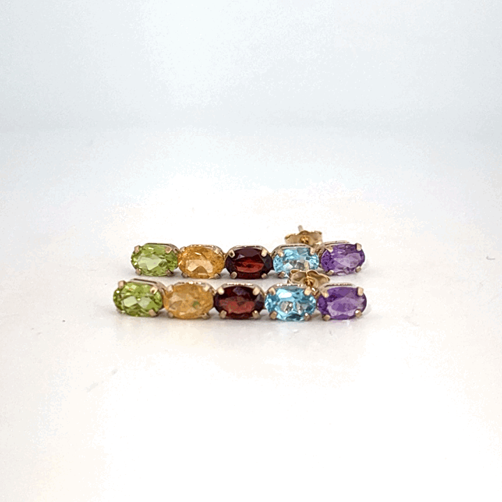 14K Yellow Gold Earrings, set with Oval Amethyst, Topaz, Garnet, Citrine, and Peridot gemstones.