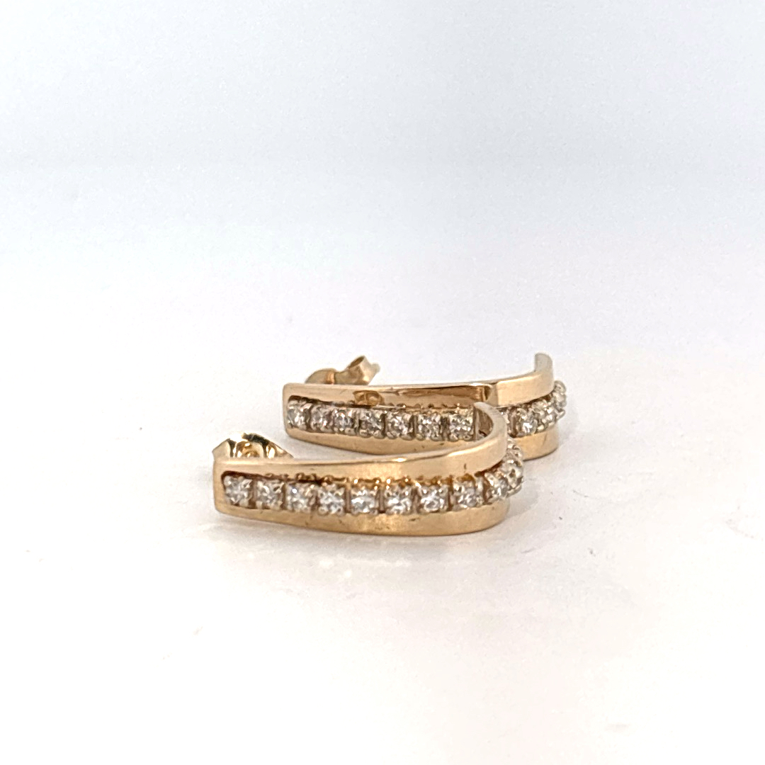 14K Yellow Gold Earrings, set with a row of small Round Diamonds.