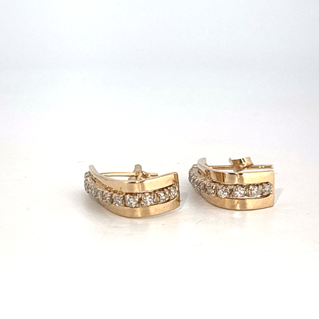 14K Yellow Gold Earrings, set with a row of small Round Diamonds.