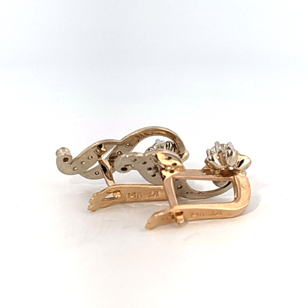14K Dual White/Yellow Gold Earrings, set with Brilliant Cut Diamonds (F, VS2), 5.43g total.