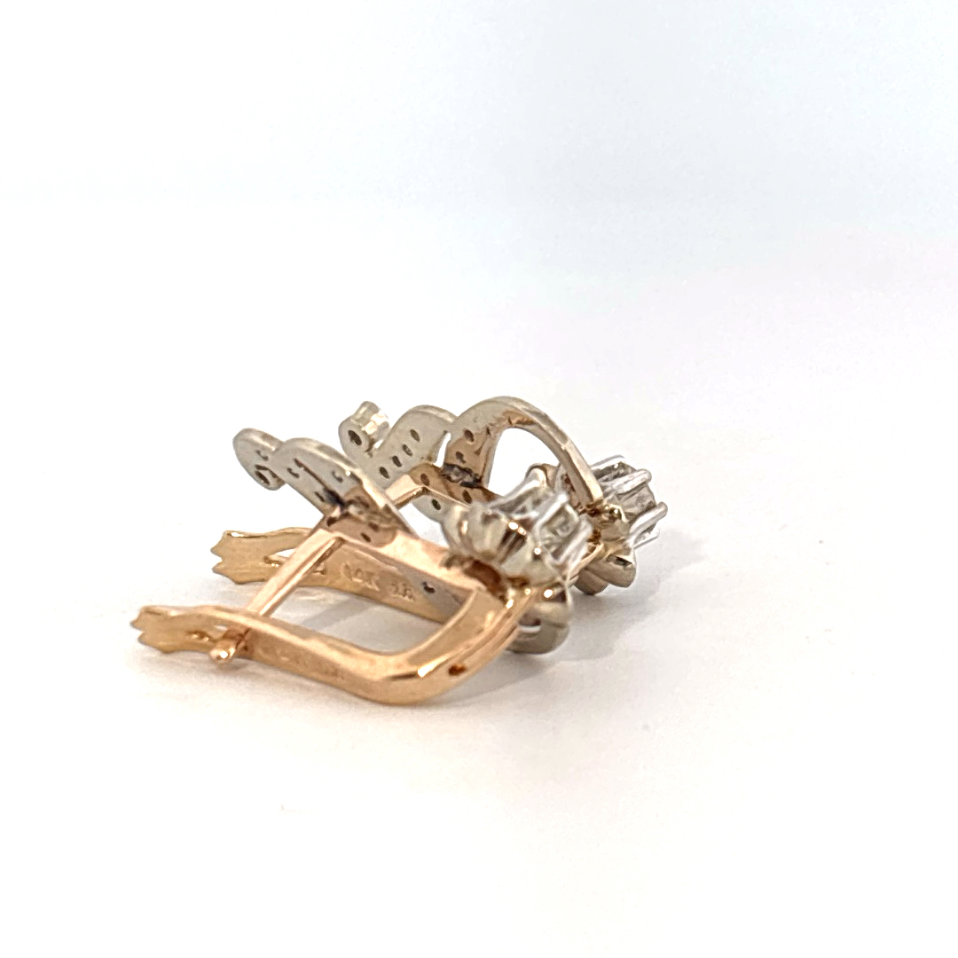 14K Dual White/Yellow Gold Earrings, set with Brilliant Cut Diamonds (F, VS2), 5.43g total.