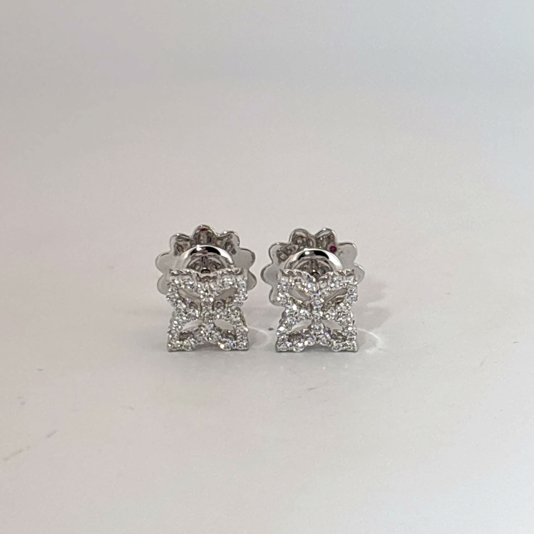 18K White Gold Earrings, set with multiple Small Diamonds in a geometric cluster design, female style.