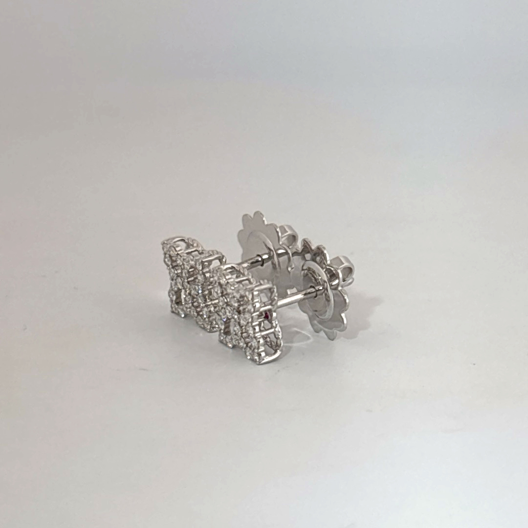 18K White Gold Earrings, set with multiple Small Diamonds in a geometric cluster design, female style.