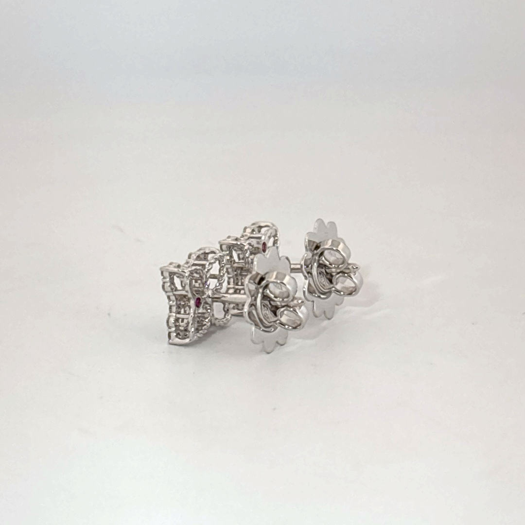 18K White Gold Earrings, set with multiple Small Diamonds in a geometric cluster design, female style.
