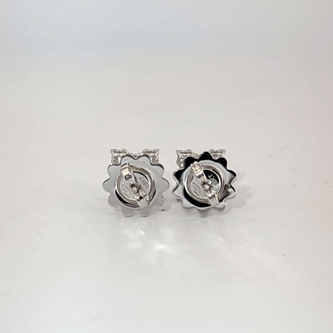 18K White Gold Earrings, set with multiple Small Diamonds in a geometric cluster design, female style.