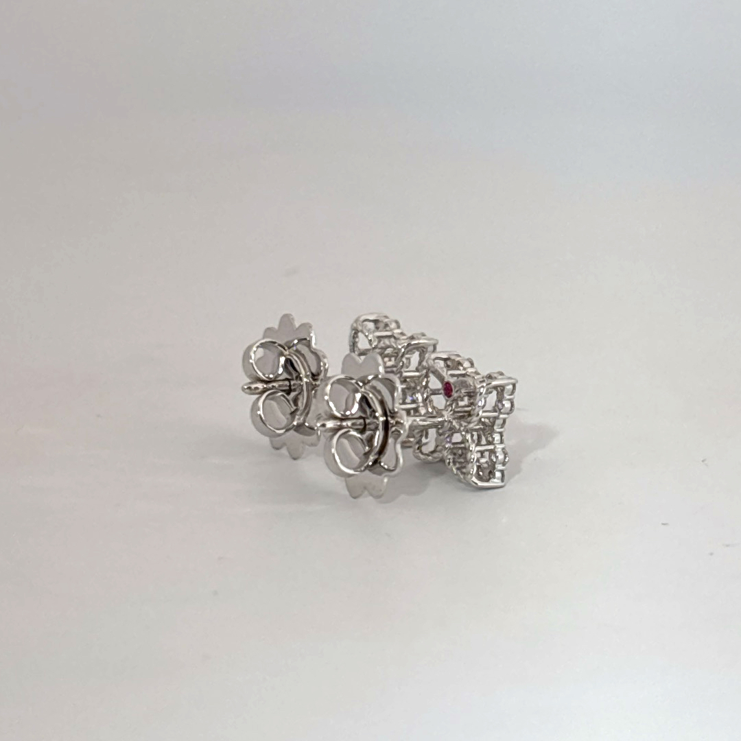 18K White Gold Earrings, set with multiple Small Diamonds in a geometric cluster design, female style.