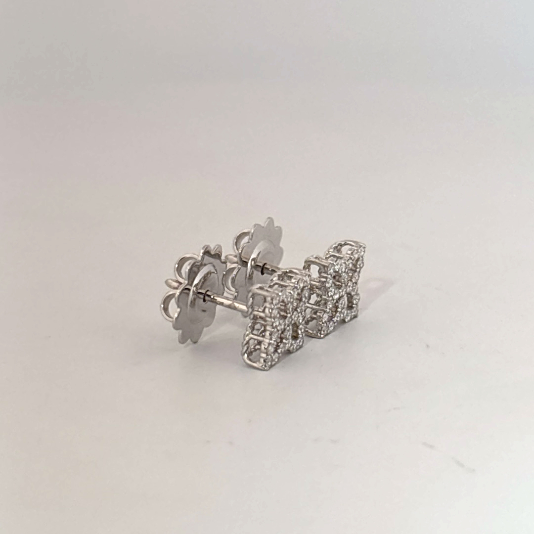 18K White Gold Earrings, set with multiple Small Diamonds in a geometric cluster design, female style.