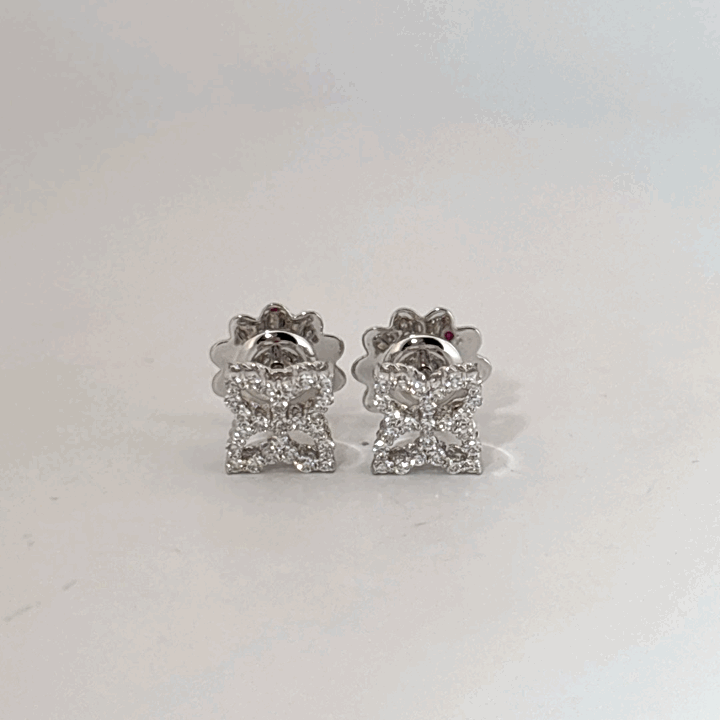 18K White Gold Earrings, set with multiple Small Diamonds in a geometric cluster design, female style.
