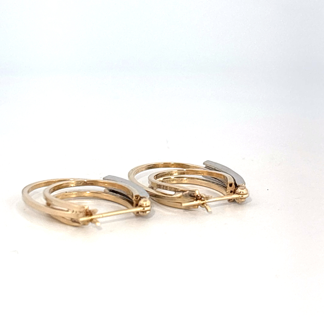 14K Dual White/Yellow Gold Earrings, set with Diamonds in a hinged hoop style.