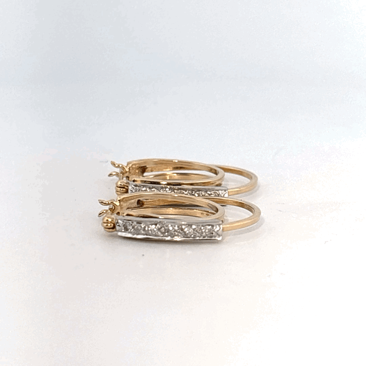 14K Dual White/Yellow Gold Earrings, set with Diamonds in a hinged hoop style.