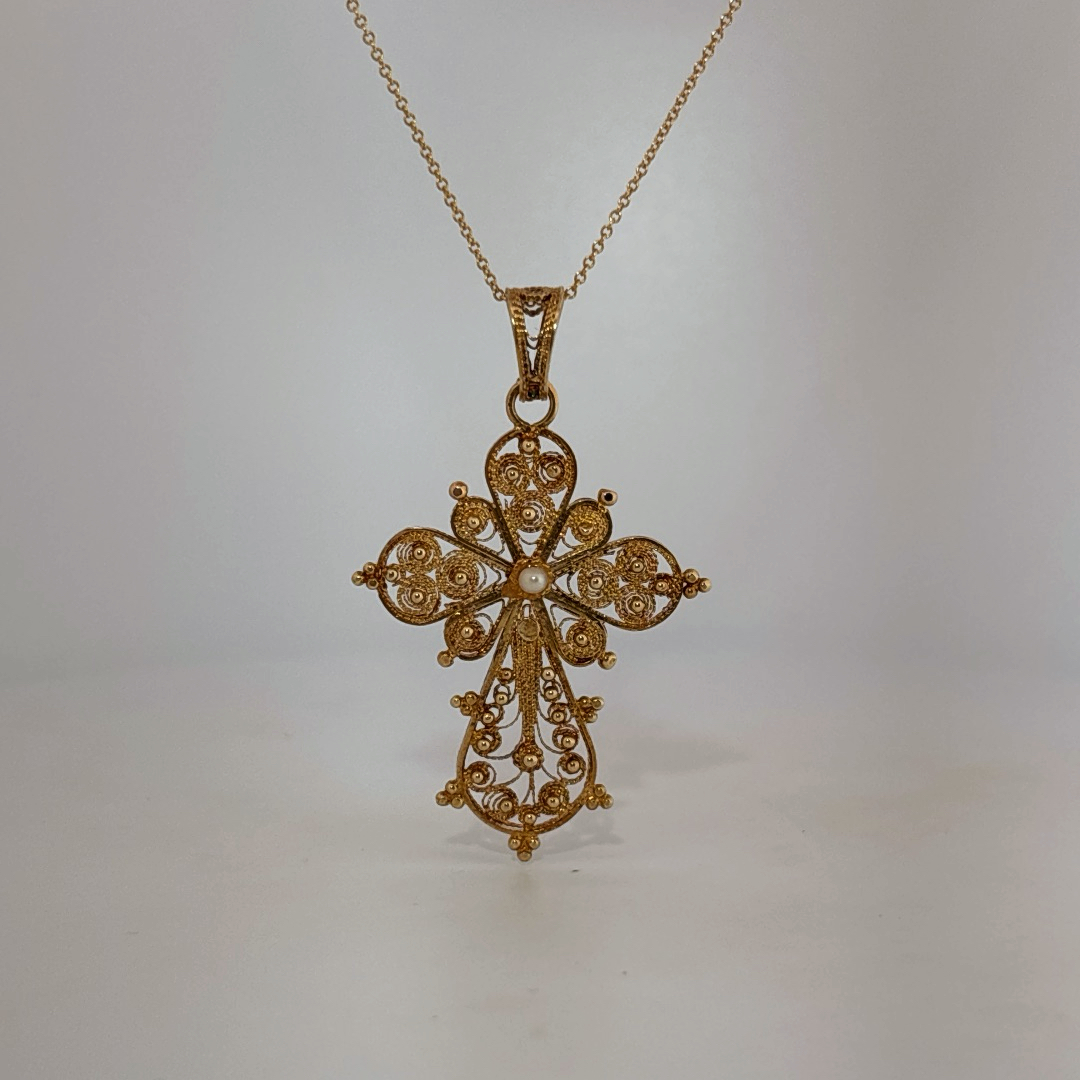 Handmade Antique style Cross Pendant Chain with small pearl, 18K Yellow Gold (7GW)