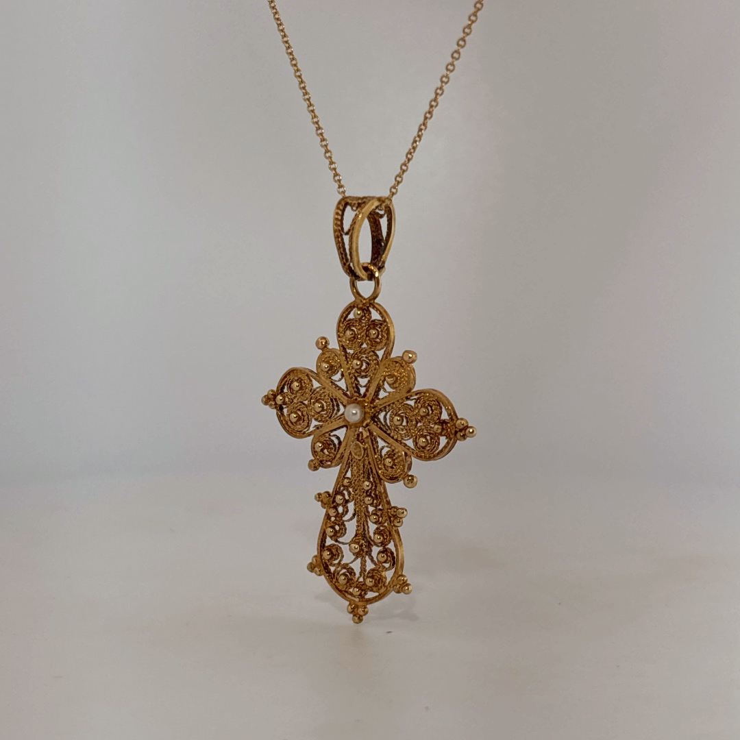 Handmade Antique style Cross Pendant Chain with small pearl, 18K Yellow Gold (7GW)