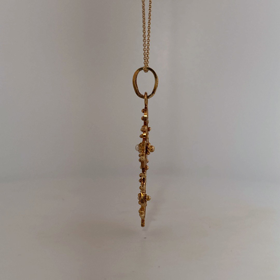 Handmade Antique style Cross Pendant Chain with small pearl, 18K Yellow Gold (7GW)