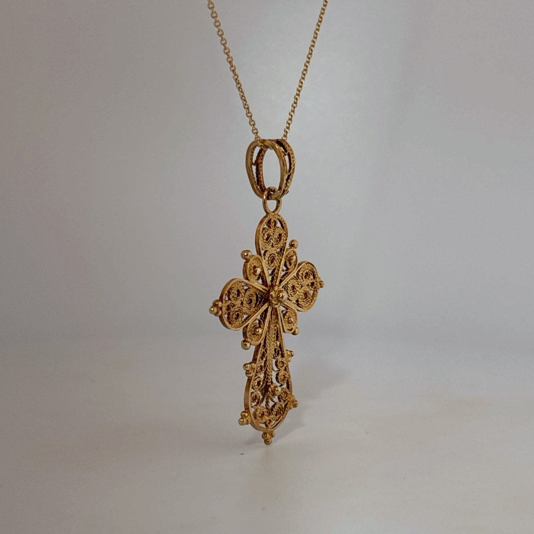 Handmade Antique style Cross Pendant Chain with small pearl, 18K Yellow Gold (7GW)