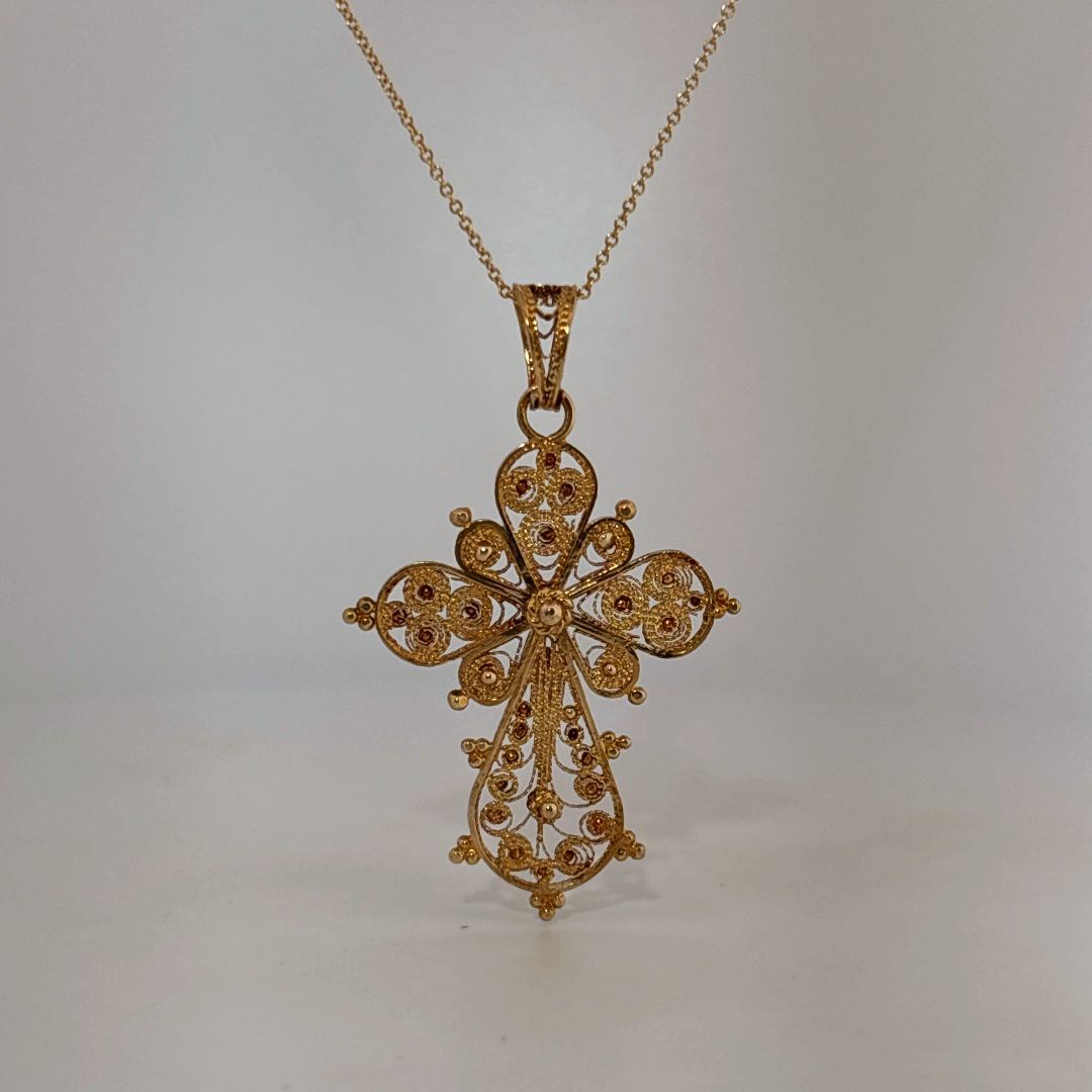 Handmade Antique style Cross Pendant Chain with small pearl, 18K Yellow Gold (7GW)