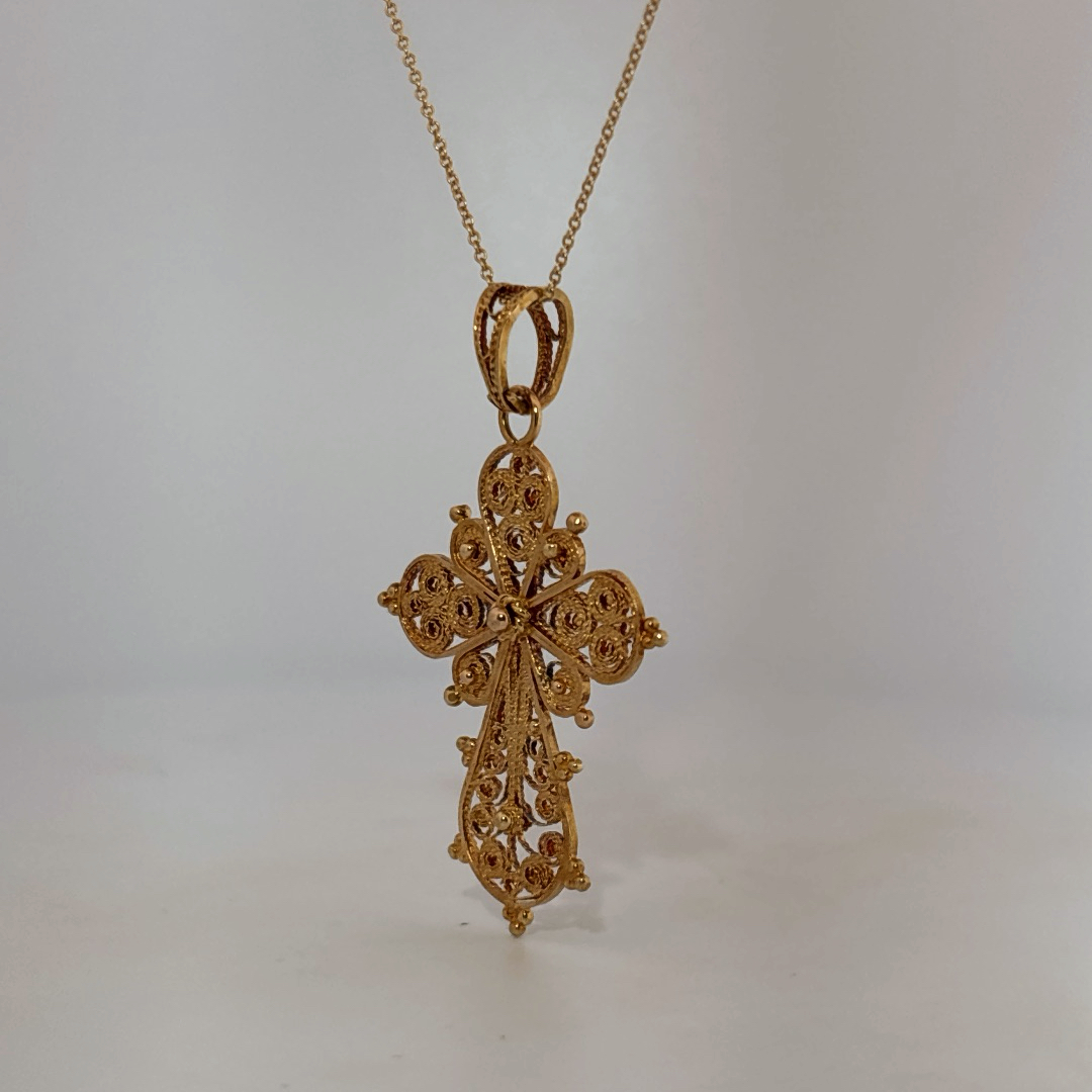 Handmade Antique style Cross Pendant Chain with small pearl, 18K Yellow Gold (7GW)