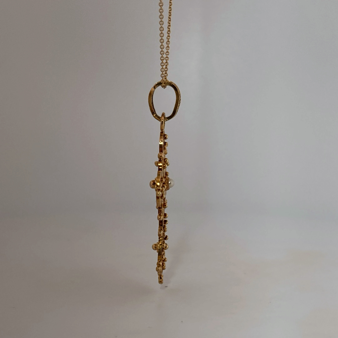 Handmade Antique style Cross Pendant Chain with small pearl, 18K Yellow Gold (7GW)