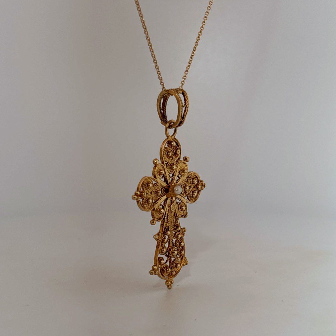 Handmade Antique style Cross Pendant Chain with small pearl, 18K Yellow Gold (7GW)