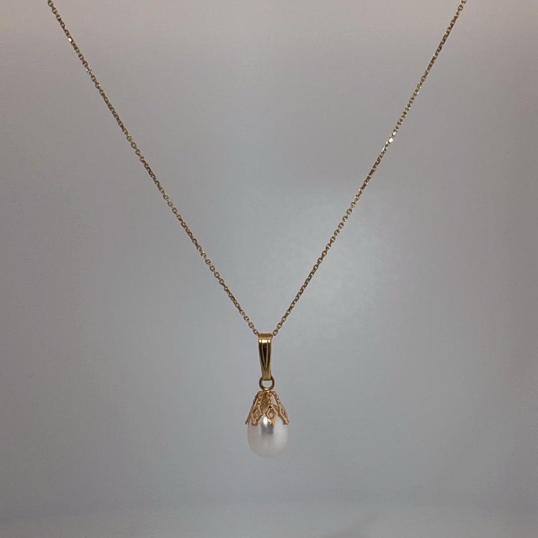 Natural Pearl Pendant Chain , 14K Yellow Gold
